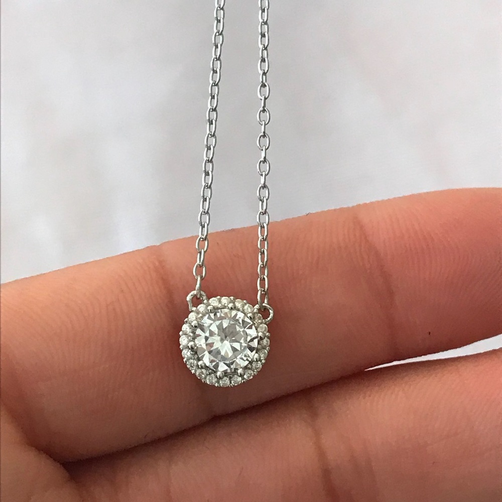 Sterling Silver Cz Halo Solitaire Necklace - Picture 2 of 8